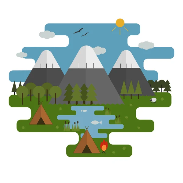 Montaña Lago Campamento Paisaje ecológico — Vector de stock