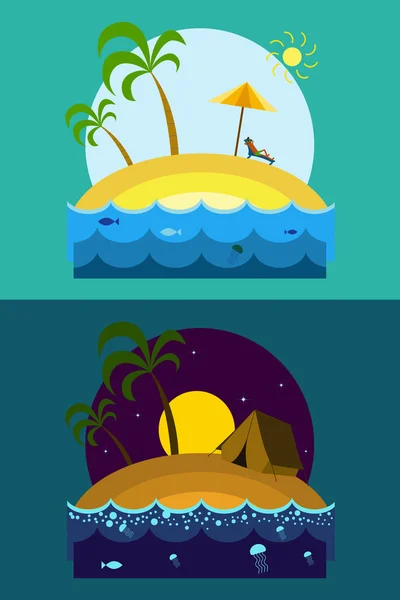 Trópusi sziget nyaralás képeslap, Palm Beach, az éjszakai és a D — Stock Vector