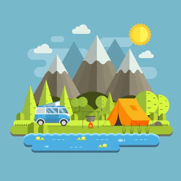 Camping Travel mieszkanie krajobraz — Wektor stockowy