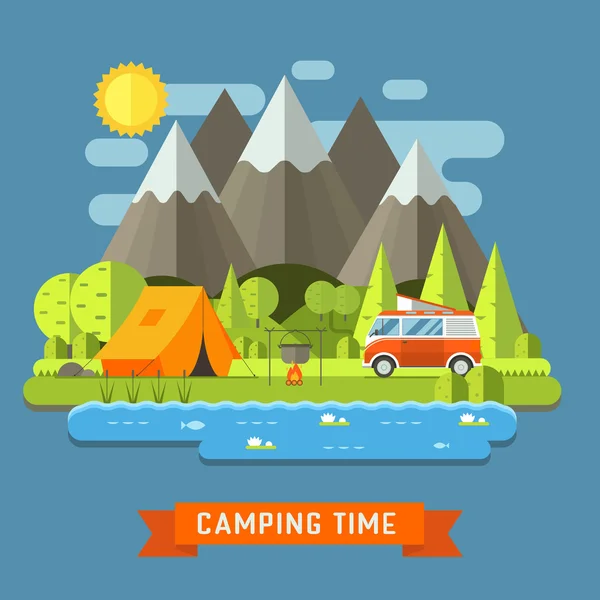 Camping Travel mieszkanie krajobraz — Wektor stockowy