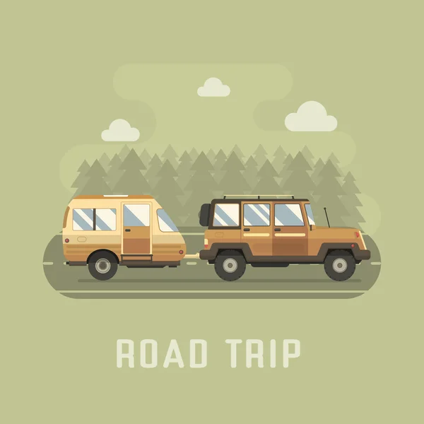 Road Traveler SUV and Camper Trailer — Stock Vector