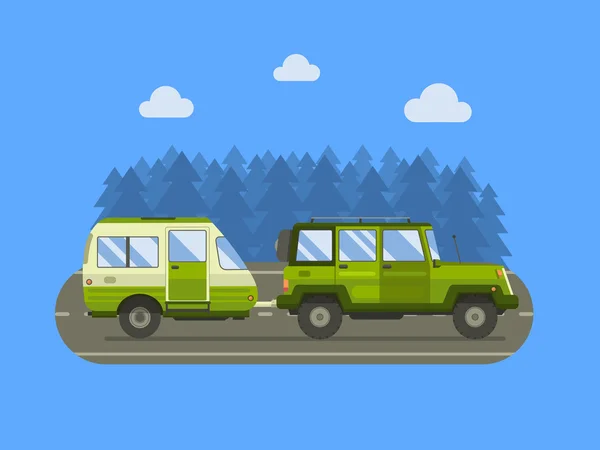 Road Traveler SUV dan Trailer Camper - Stok Vektor