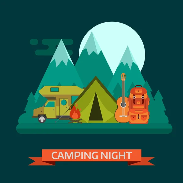 Camping plaats nacht landschap — Stockvector