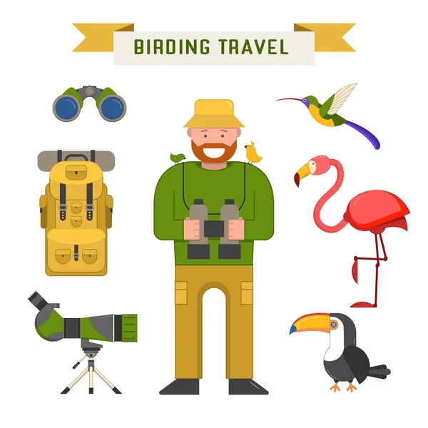 Birdwatching elementi di viaggio — Vettoriale Stock