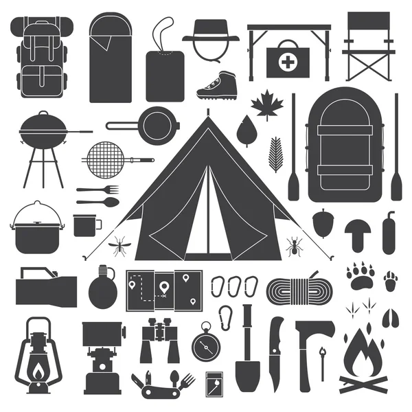 Vandring och camping ikoner set. — Stockfoto