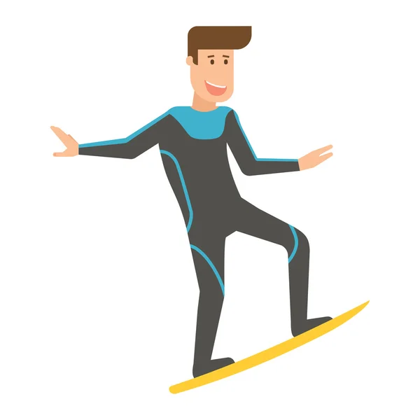 Feliz surfista en pose de montar — Vector de stock