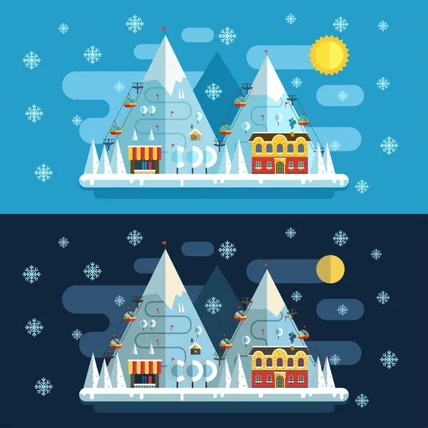 Winter Travel Flat Vacation Landscape — 스톡 벡터