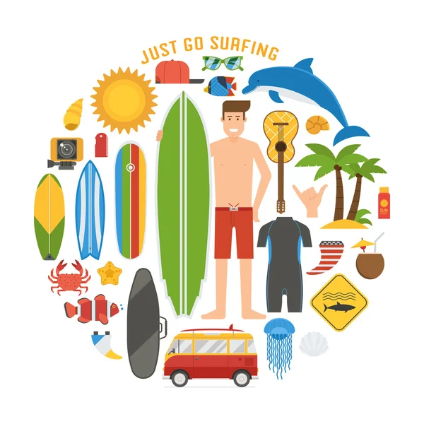 Surf elementos de tiempo y colección de iconos — Vector de stock