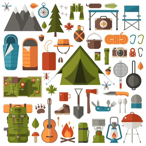 Equipo de camping y senderismo — Vector de stock