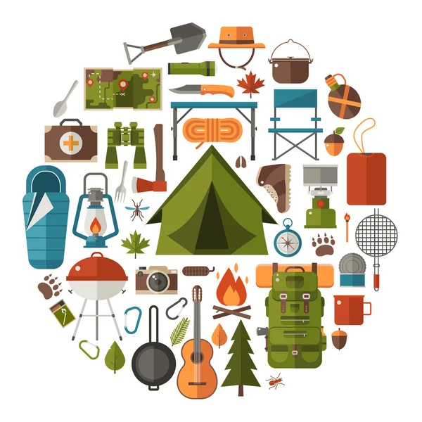 Camping y senderismo Vector iconos — Vector de stock