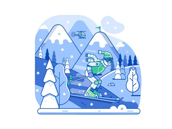 Concept de ski de montagne Scène dans l'art linéaire — Image vectorielle