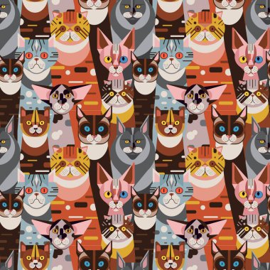 Komik Pozisyonlu Düz Evcil Kediler Kusursuz Desen