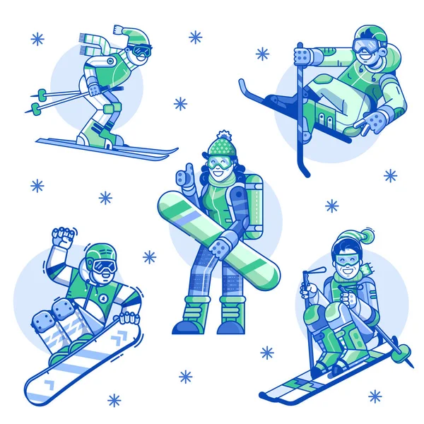 Winter Sports Man and Woman Line Icons