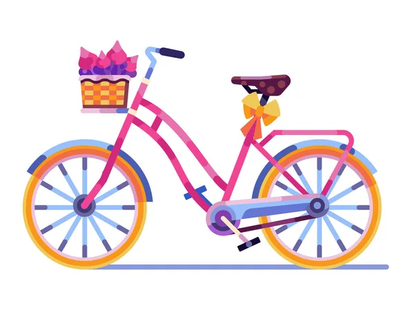 Bicicleta de primavera con arco y cesta de tulipán — Vector de stock