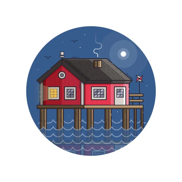 Red Fisherman Stilt House Pictogram in Line Art — Stockvector