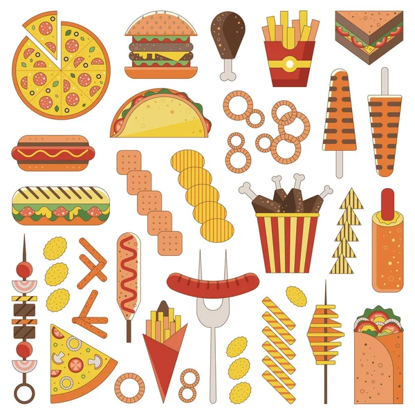 Set de iconos de comida rápida y comida chatarra — Vector de stock