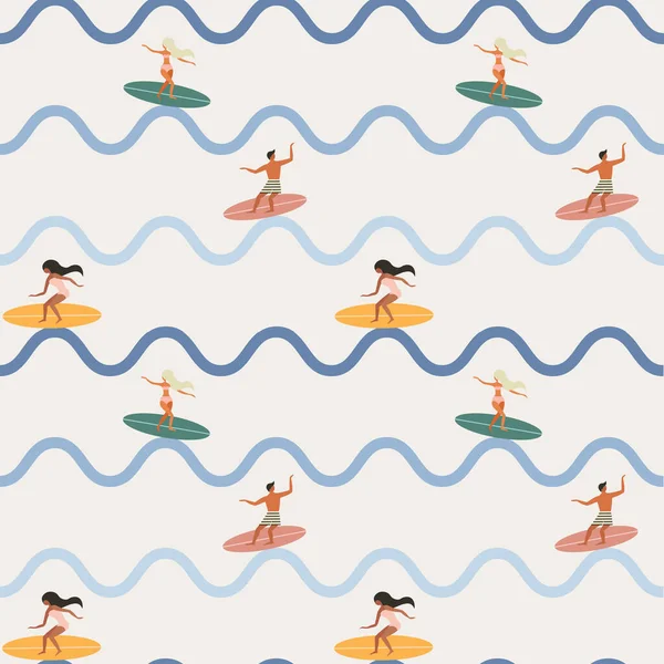 Vintage Surfing People on Waves Seamless Pattern — Stock Vector