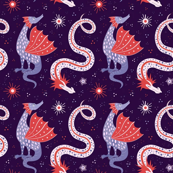 Desenhos animados chinês dragão conto de fadas sem costura padrão — Vetor de Stock