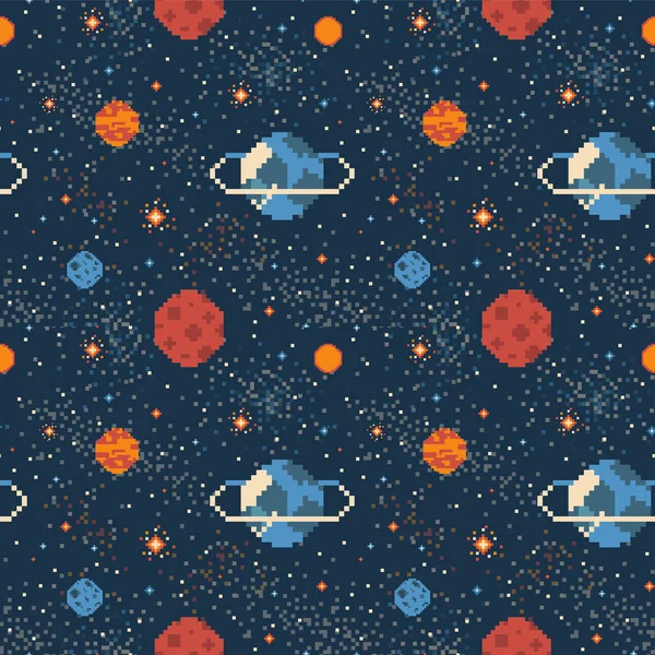 Pixel Art Planets in Space Galaxy Pattern — Stockový vektor