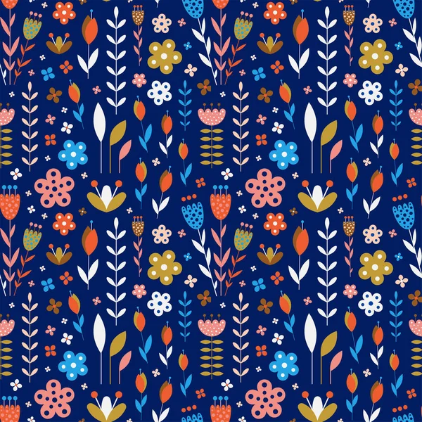 Fleurs de prairie abstraites sur motif bleu foncé — Image vectorielle