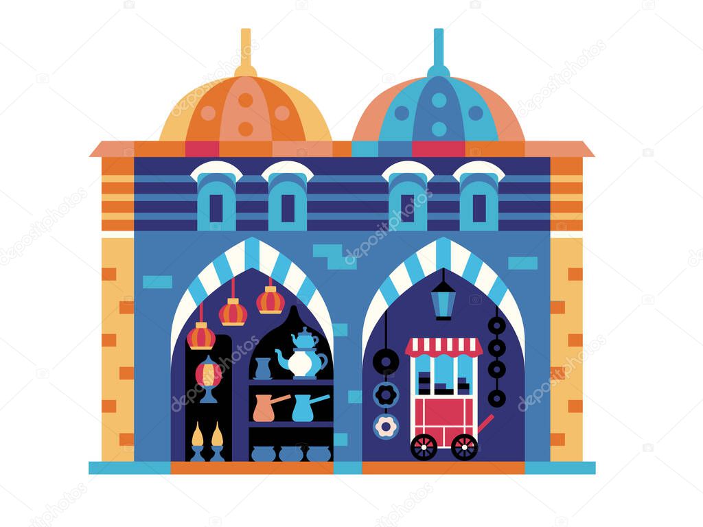 Travel Istanbul Egypt bazaar inspired geometric icon with flea turkish market or Morocco souvenir store with street vendor selling eastern goods.