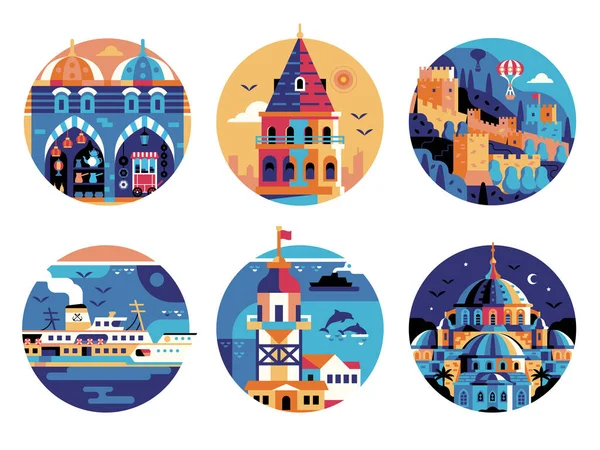 Conjunto de iconos del círculo de puntos de referencia de viaje de Estambul — Archivo Imágenes Vectoriales