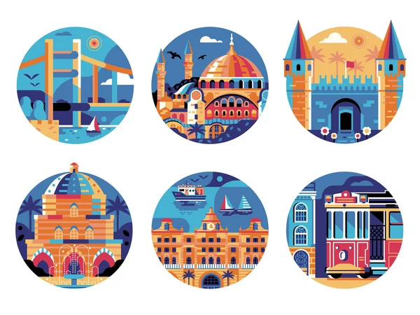 Istanbul Travel Landmarks Circle Icons Set — Stock Vector