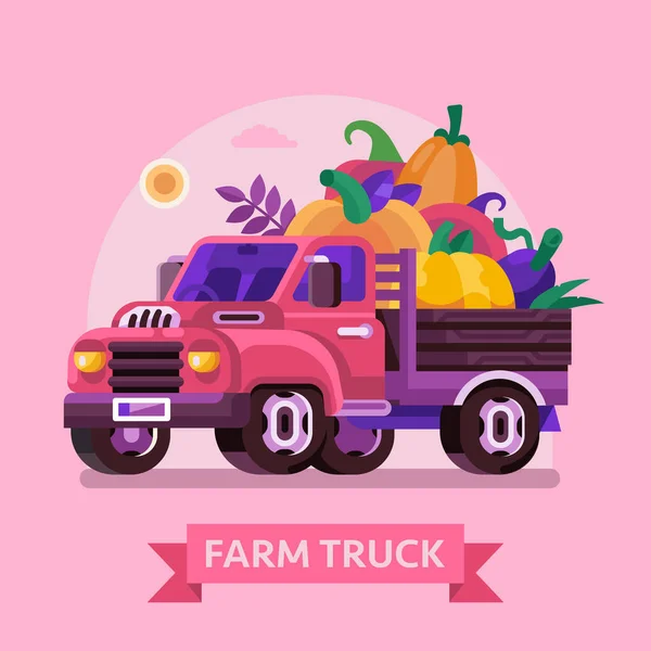 Farm Truck with Pumpkins and — Stok Vektör