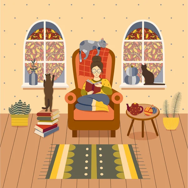 Autumn Girl on Cozy Reading at Home — Stock Vector