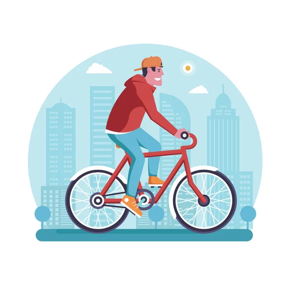 Ποδήλατο άνθρωπος βόλτα ποδήλατο στην πόλη σκηνή — Διανυσματικό Αρχείο