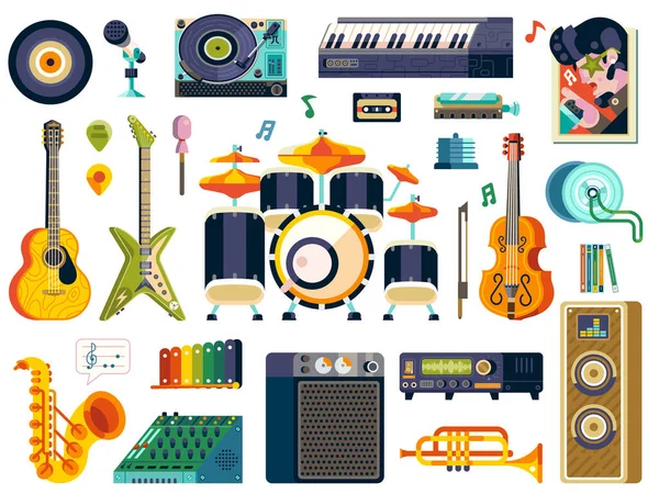 Estudio de grabación Instrumentos de música Iconos en plano — Vector de stock