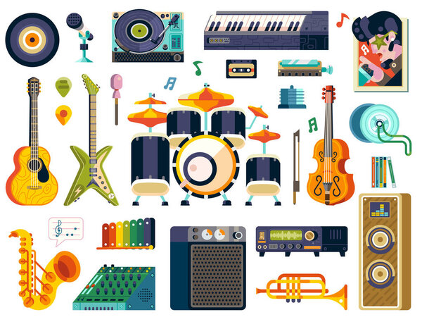 Recording Studio Music Instruments Icons in Flat