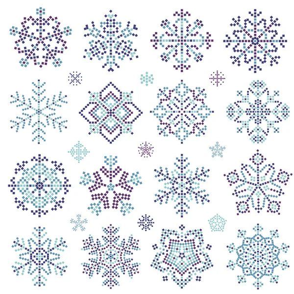 Pixel arte invierno copos de nieve conjunto — Vector de stock