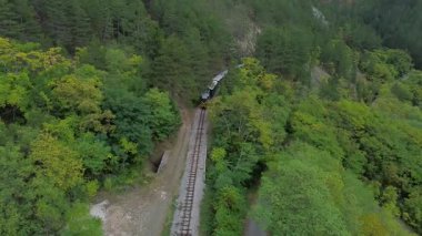 Mokra Gora 'daki sonbahar orman manzarası arasındaki Sargan Sekiz tarihi demiryolunun insansız hava aracı görüntüsü. Sırbistan 'daki dağ retro treninin hava perspektifli görüntüleri.