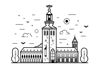 Belediye, İsveç 'in sanat eserlerindeki seyahat illüstrasyonuna ilham verdi. İsveç 'in tarihi simgesini gezin. Çan kulesi minimalist sahnesiyle Katolik Belediye Binası.