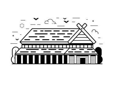 Ortaçağ İskandinav ahşap evi. Geleneksel Viking Evi mimari simgesi.