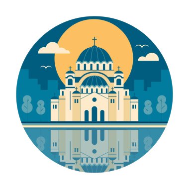 Gün batımında veya gün doğumunda ünlü katedrali olan Belgrad daire ikonu. Kubbeleri ve haçları olan tapınak binası, Sırbistan 'ın ağaçlı dini simgesi ve Sava nehrinin suyuna yansıması.