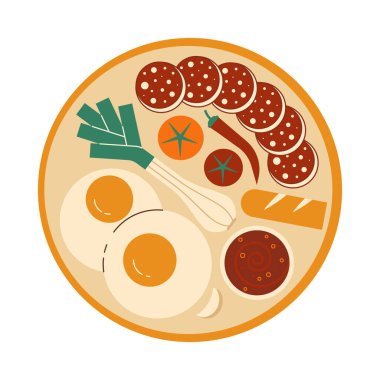 Geleneksel Sırp ya da Alman yumurta tabağı soğan, füme sosis ve domates. Çırpılmış yumurta, nam-ı diğer kaigana Balkanlar ve Almanya 'nın yerel yiyeceği..