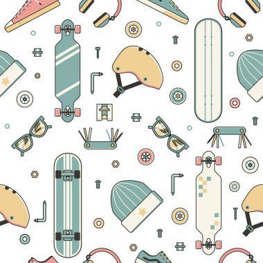 Kaykay desen ekipman ve aksesuarları, ince çizgi stili ile. Kentsel yaşam tarzı ve paten kurulu dişli ile sorunsuz arka plan kaykay ve anahat tasarım giysilerle sürme.