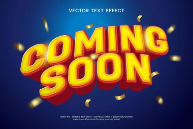 Düzenlenebilir yakında 3d metin efekti ile mavi arkaplanda altın konfetisi