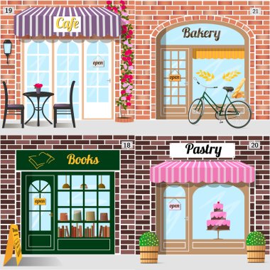 Set of vector detailed design bakery, cafe, bookshop and pastry shop.  clipart