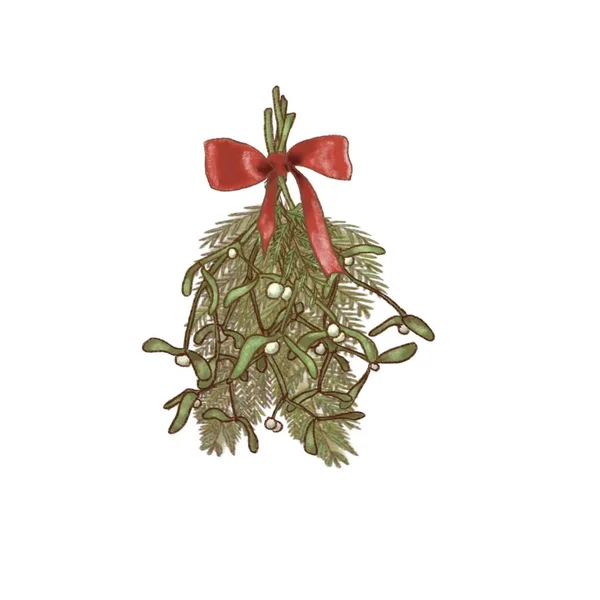 Ramo de muérdago colgante de Navidad y abeto con cinta roja y lazo aislado — Foto de Stock