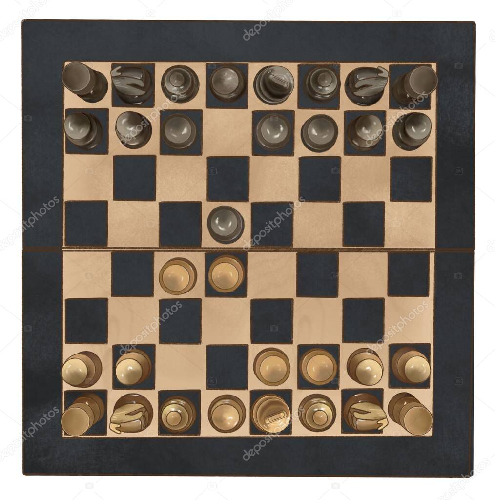 Wooden Chess board with chess wooden pieces isolated on white. top view. chess game. bishop, king, queens gambit,