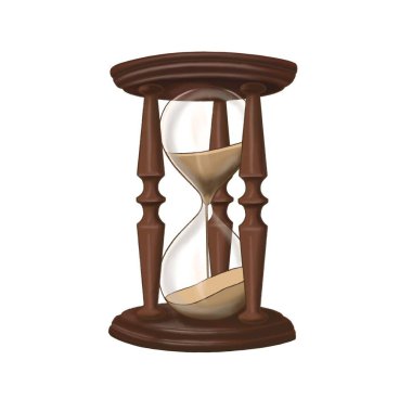 Eski Kum Saati. Kum saati çizilmiş resim. Kum saatinin yarısı dolu. Tahta çerçeve, düşen kum