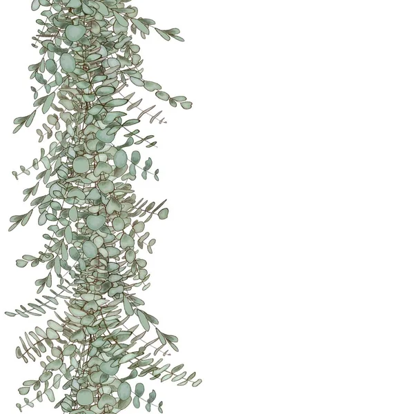 Гирлянда в стиле акварели с серебряным долларом эвкалипта. Исцеление трав для карт, приглашение на свадьбу, плакаты, сохранить дату или — стоковое фото