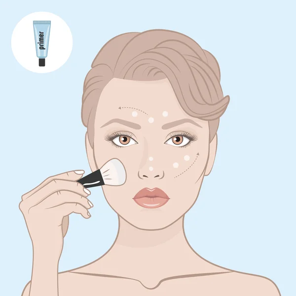 Beauty woman face and primer tube. — Stock Vector