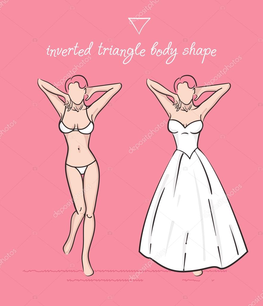 Wedding dress of the inverted triangle body shape. Stock Vector by