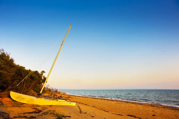 Catamarán tirado hacia arriba en la orilla —  Fotos de Stock