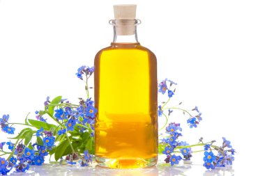 Çiçeklerin özü beyaz bir arka planda güzel bir cam kavanozda