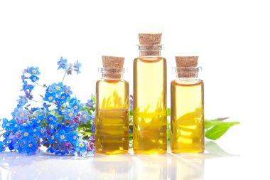 Çiçeklerin özü beyaz bir arka planda güzel bir cam kavanozda